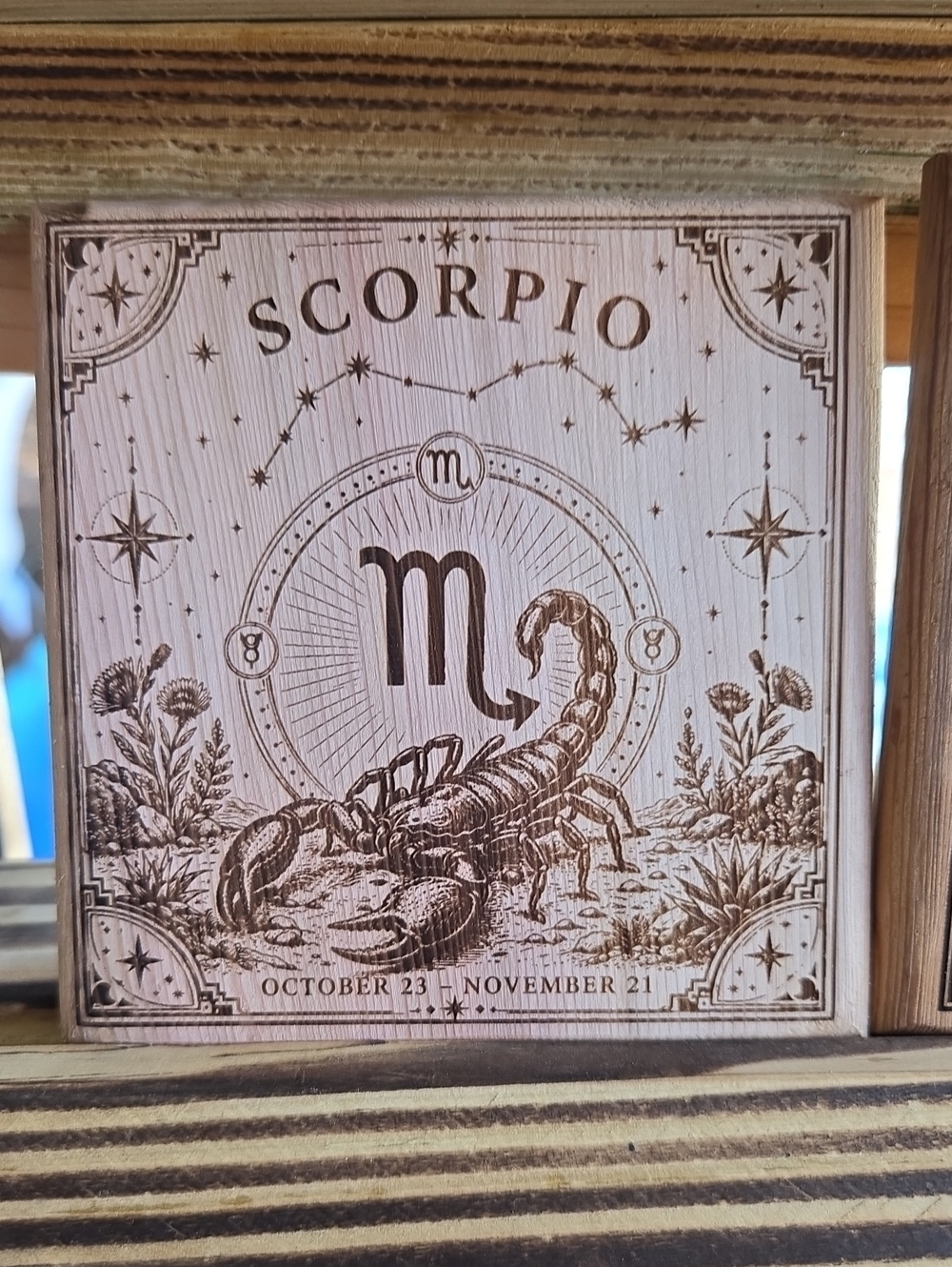 Scorpio Wood Sign Coaster - Natural Brown